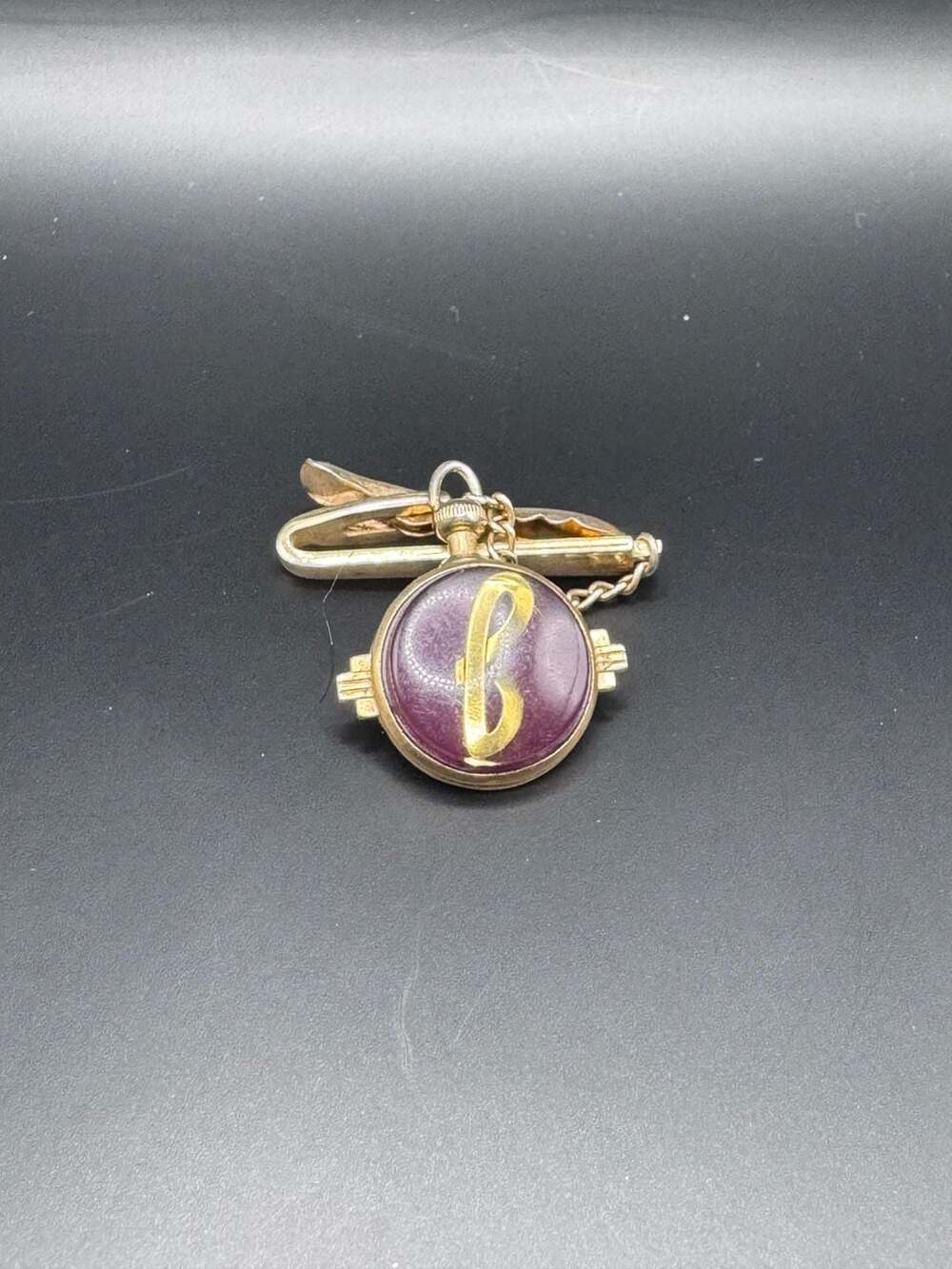 Vintage Hickok Tie Clip with Purple Monogram F Charm Art Deco Style